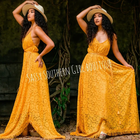 Boho yellow lace maxi dress